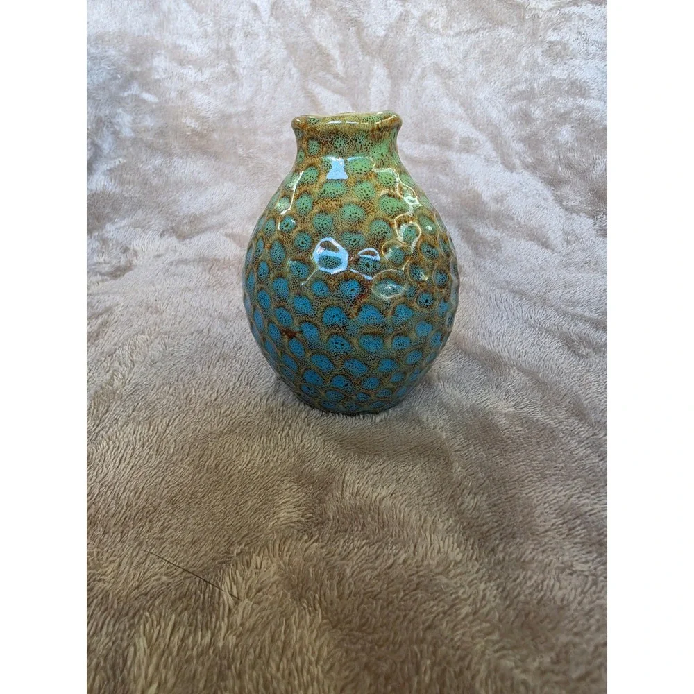 Mini Peacock Ceramic Bud Vase Honeycomb Reactive Glaze Pottery 4.5